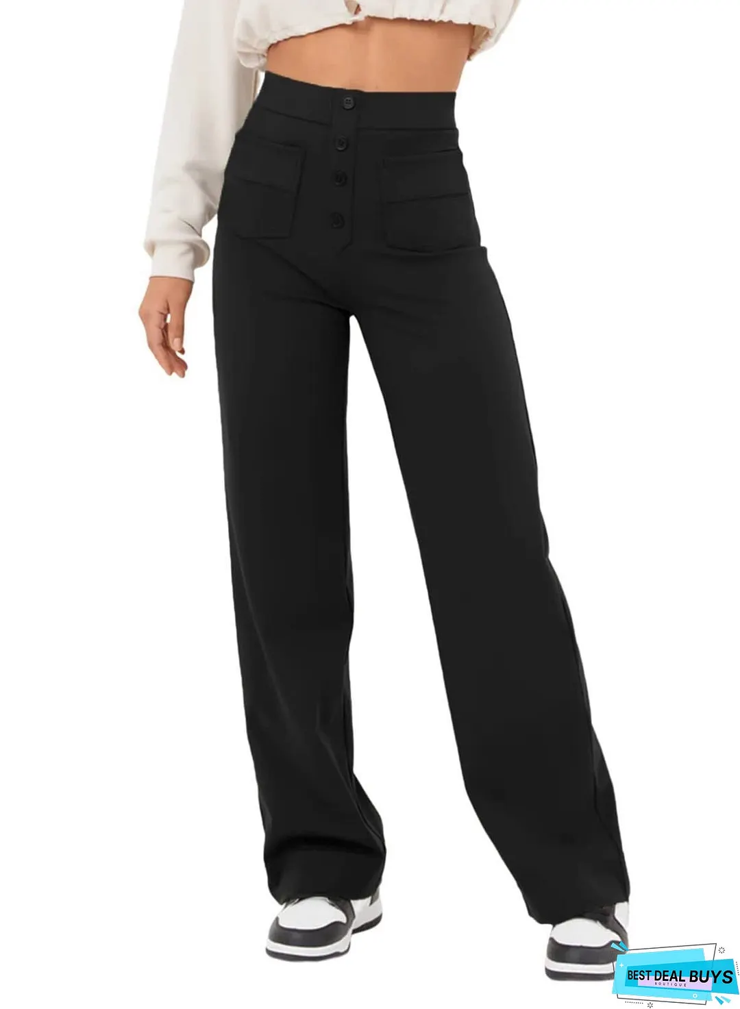 Women's Straight High Waist Button Elastic Band Pants