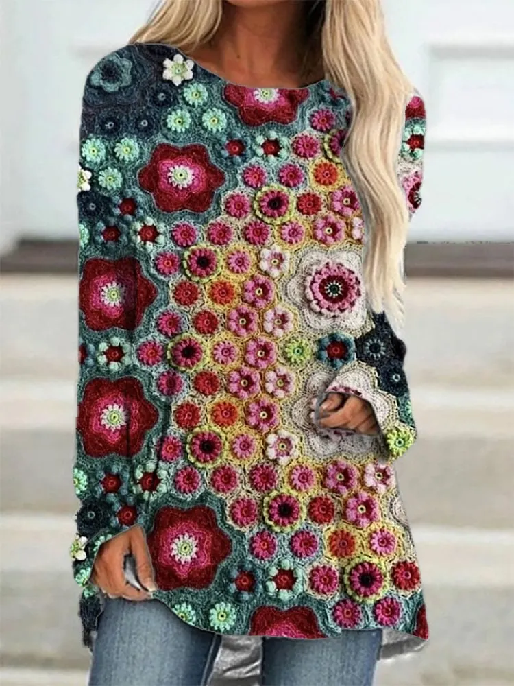 Women's Three-dimensional Floral Print Raglan Long Sleeve T-Shirt