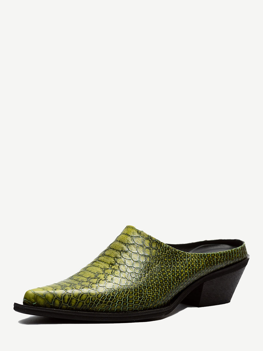 Green Snake Embossed Pointed Toe Western Mules with Chunky Heel