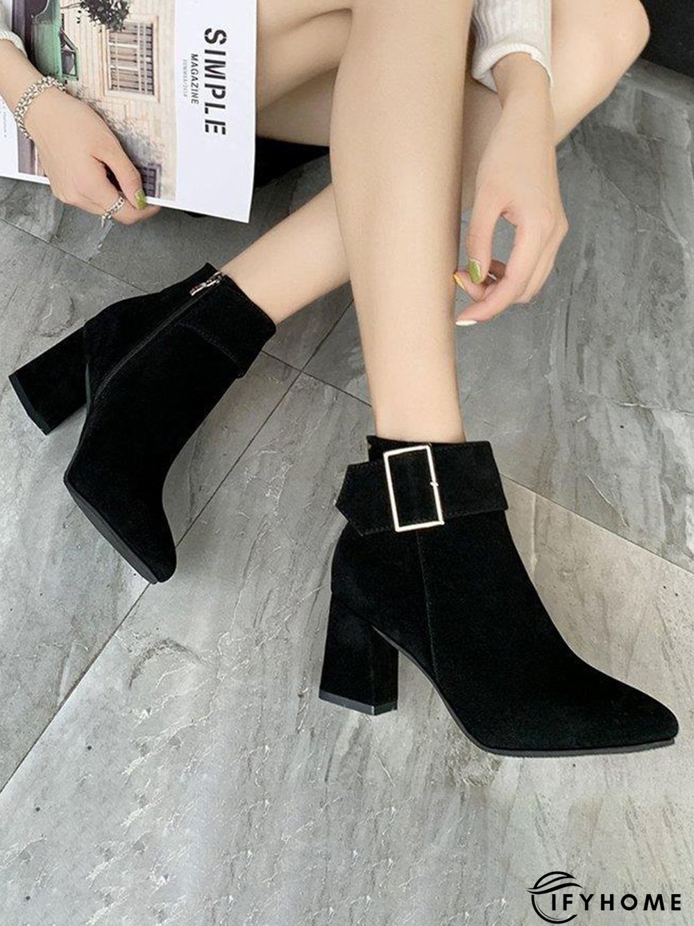 Belt Buckle Chunky Heel Pointed Toe Booties | IFYHOME