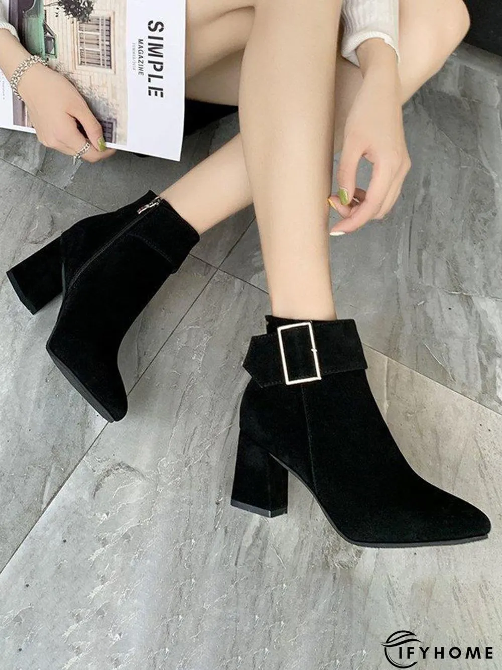 Belt Buckle Chunky Heel Pointed Toe Booties | IFYHOME