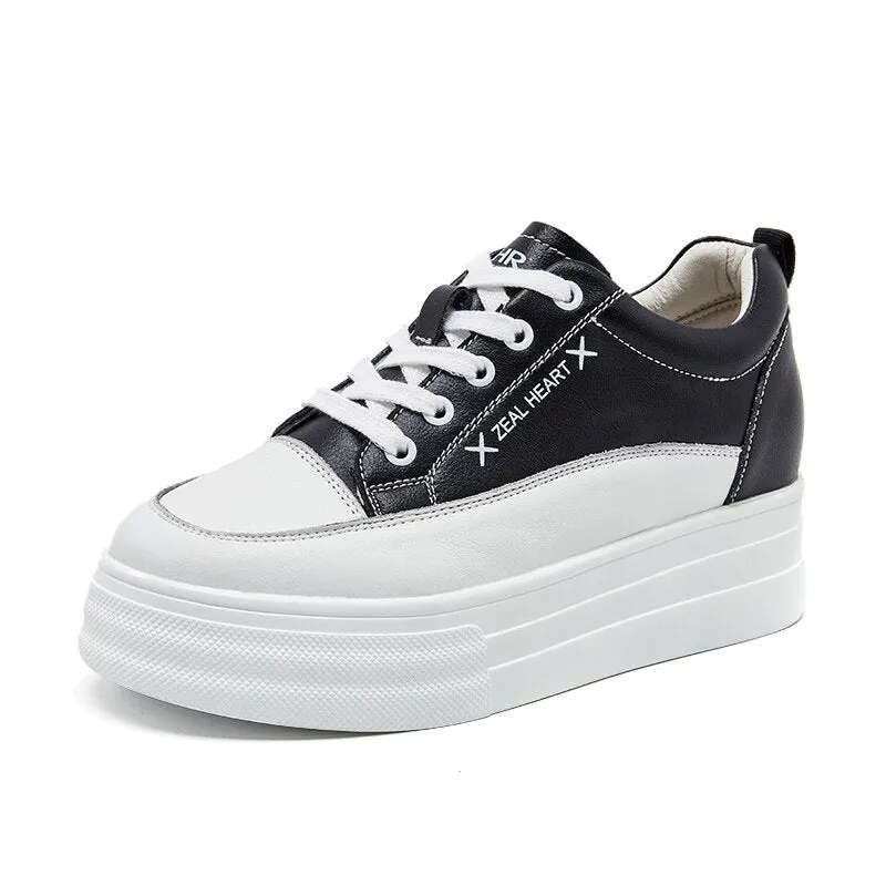 Fashion White Split Leather Women Chunky Sneakers White Shoes Lace Up Tenis Feminino Zapatos De Mujer Platform Women Casual Shoe