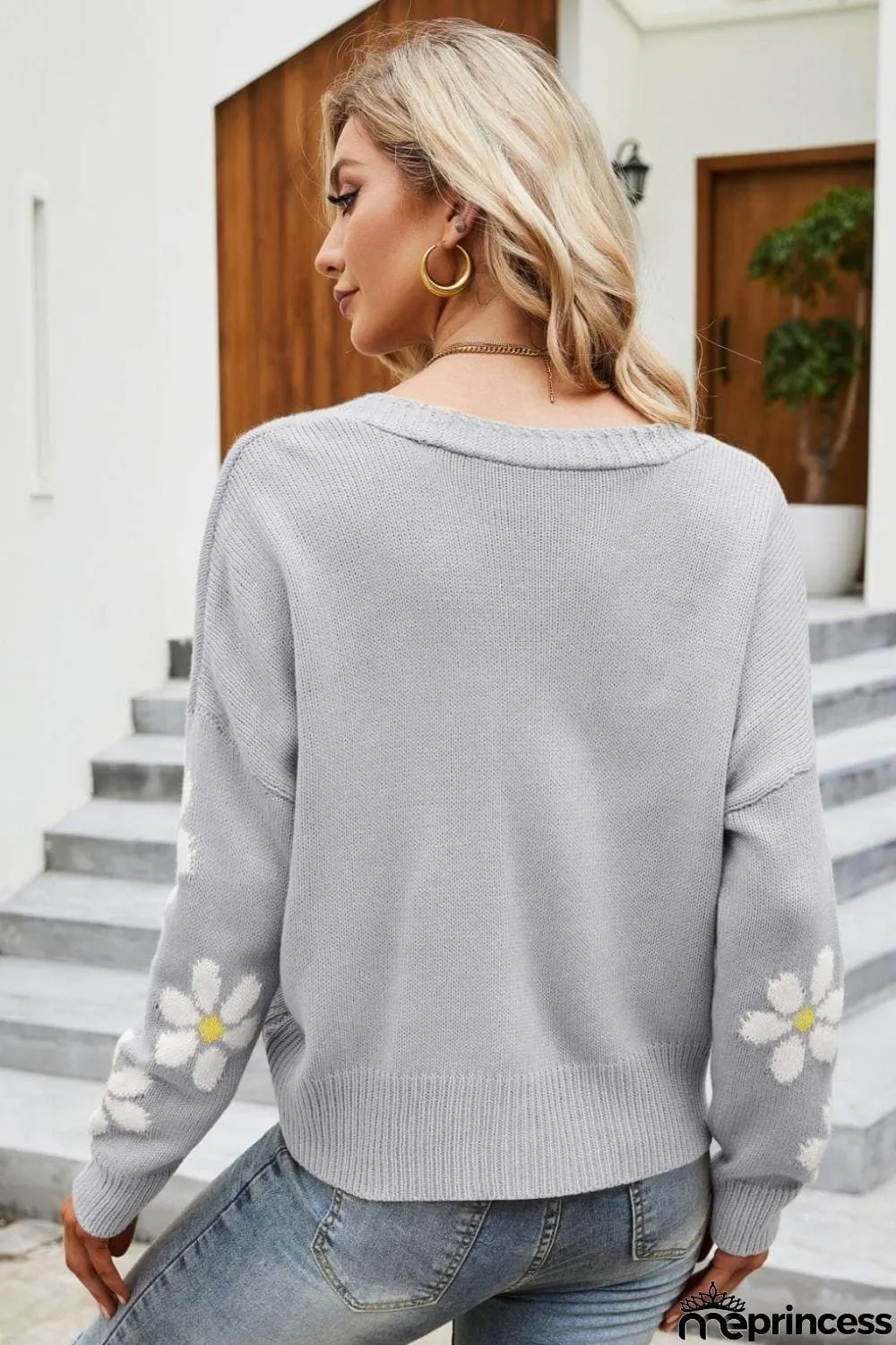 Floral Ribbed Trim Drop Shoulder Cardigan