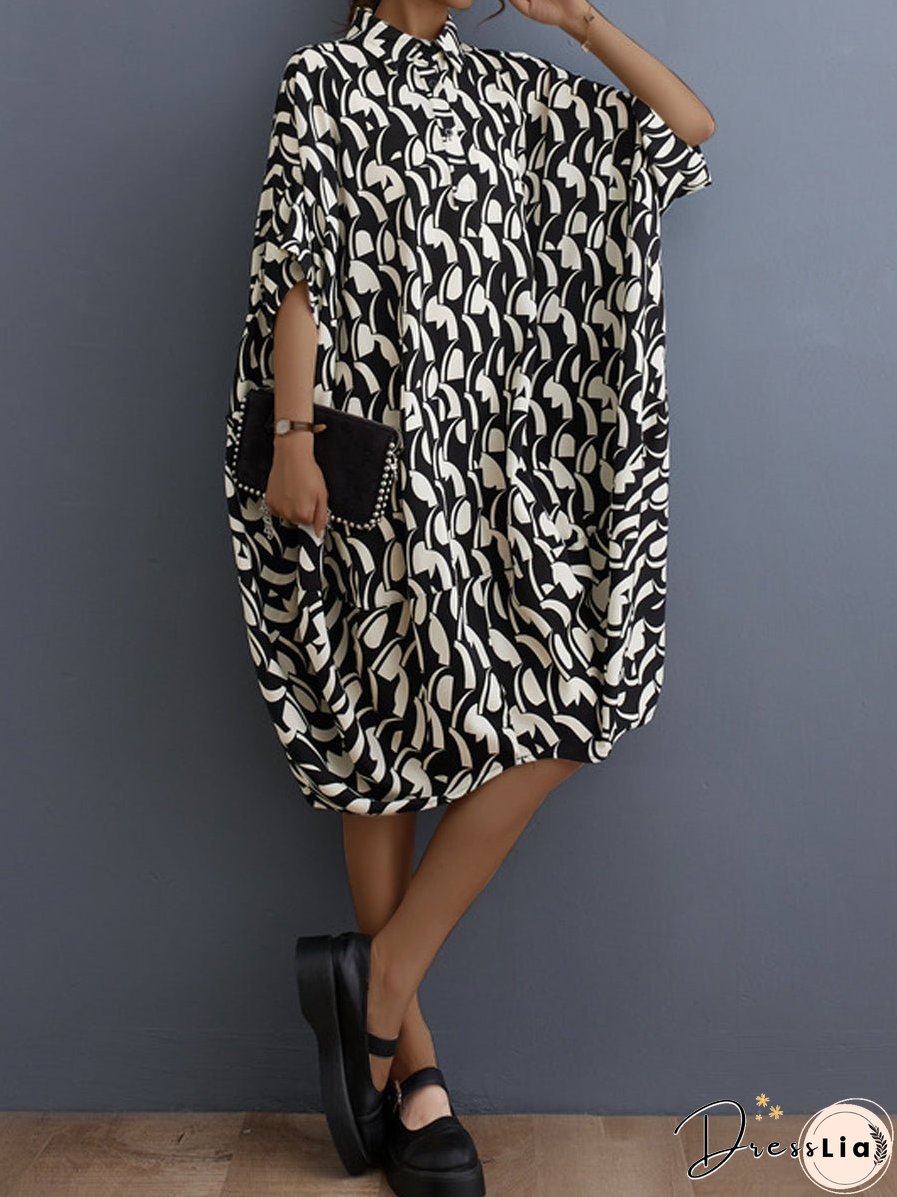 Literary Retro Floral Loose Lapel Temperament Midi Dress