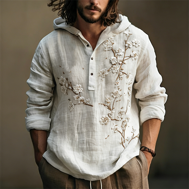 Men's White Almond Blossom Japanese Art Hooded Linen Shirt elevenforest