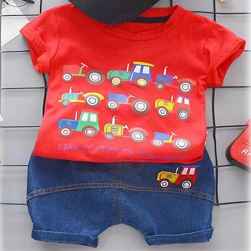 Toddler Baby Boy Clothes Summer Set Kid Boys Set Short Sleeve Car Print T shirt Soft Denim Infant Children Clothing Outfit