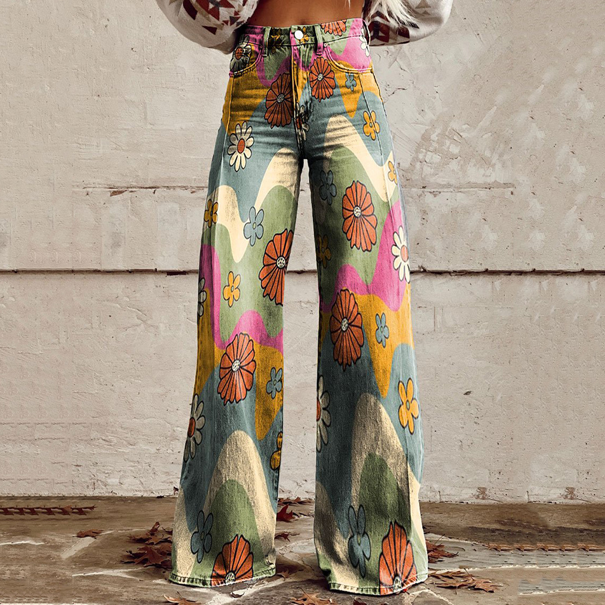 Vintage Floral Daisy Print Casual Wide Leg Jeans artswardrobe
