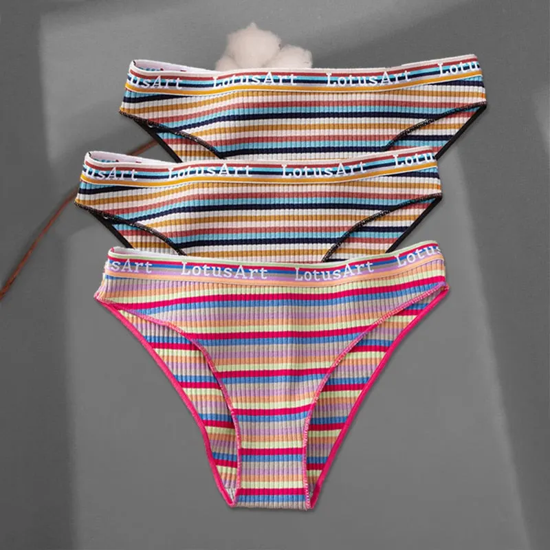 FINETOO 3Pcs/set Colorful Stripes Panties Women's Cotton Briefs M-XL Low-Rise Rainbow Underwear Ladies Underpants Girls Panties