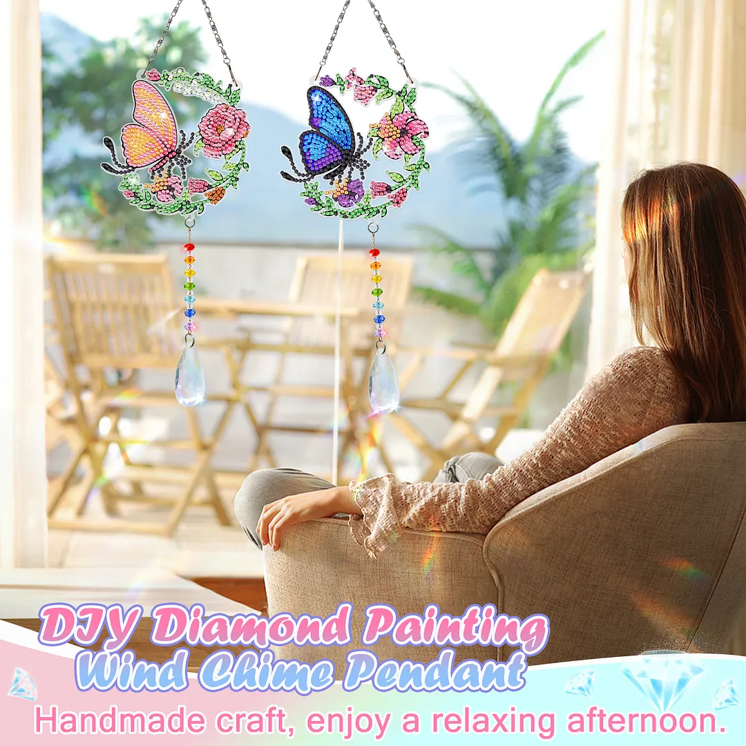 2Pcs Blue and Yellow Butterfly DIY Double-Sided Diamond Painting Hanging Kits Diamond Painting Suncatcher Craft Kit for Home Garden Wall Decor Gift