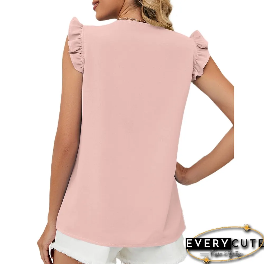 Pink Lace Trim Contrast Ruffle Short Sleeve Tops
