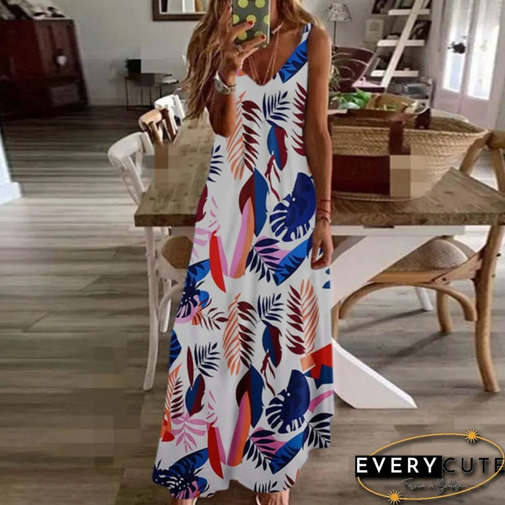 Women's Fashion Summer Sleeveless Floral Printing Sling Dress Deep V-Neck Slim Fit Big Swing Skirts Loose Casual Long Maxi Dresses Ladies Plus Size Party Dresses