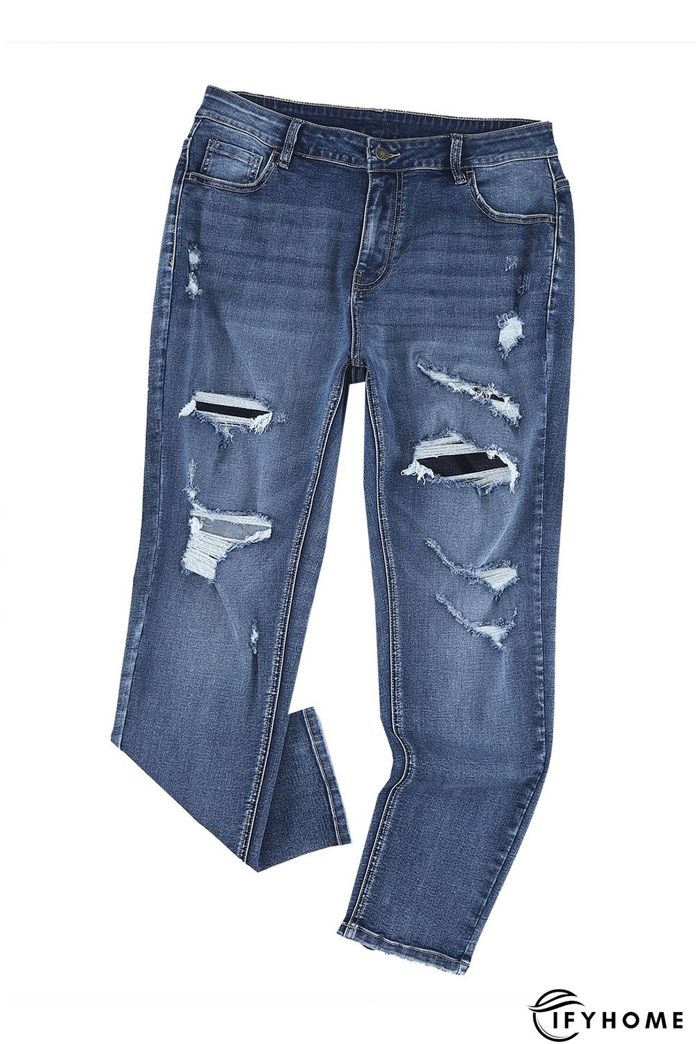 Blue Distressed High Waist Plus Size Jeans | IFYHOME