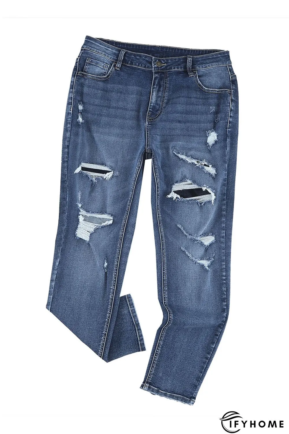 Blue Distressed High Waist Plus Size Jeans | IFYHOME
