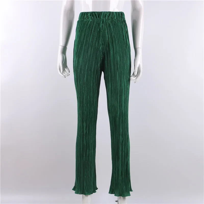 Pleated Y2K High Waist Straight Pants Women Summer Long Trousers Wide Leg Capris Pant Bottom Green Plisse