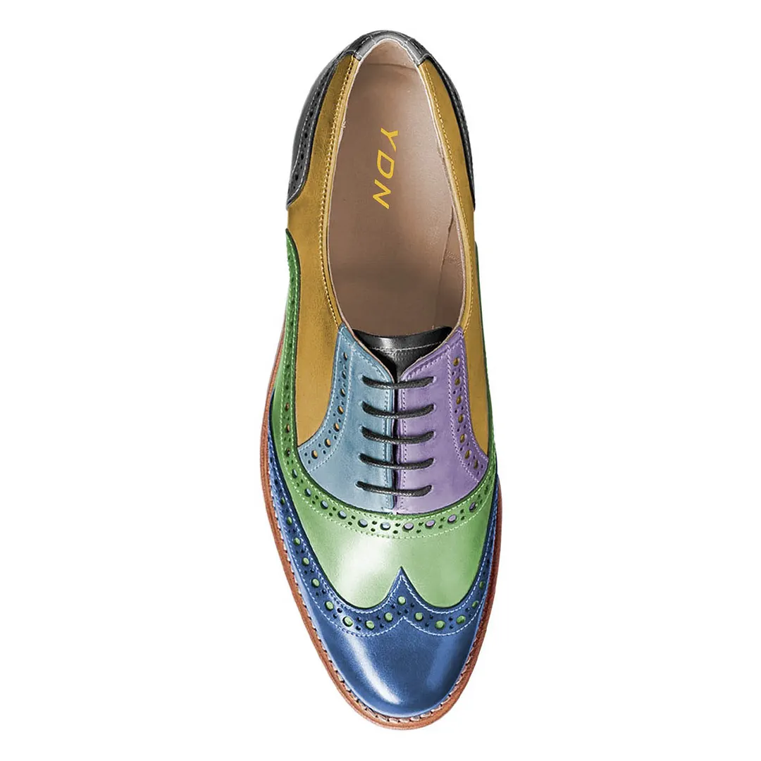 Multicolor Vegan Leather Round Toe Lace-Up Flat Wingtip Shoes