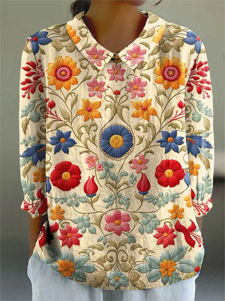Women's Vintage Flower Art Print Casual Cotton And Linen 3/4 Sleeve Shirt