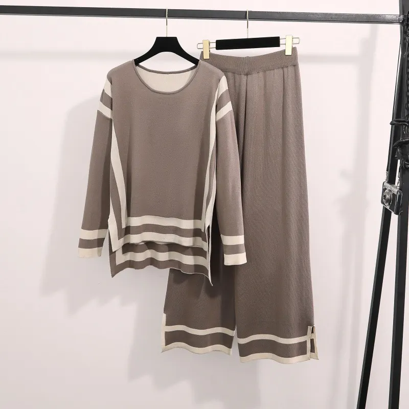 Uveng Uveng Fashion Simple Splicing Loose Long-Sleeved Top High Waist Thin Leg Pants Knitted Two-Set