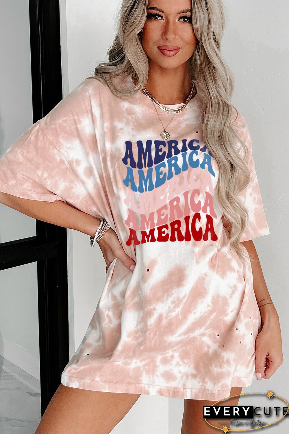 Pink AMERICA Letter Graphic Tie Dye Distressed Boyfriend Tee