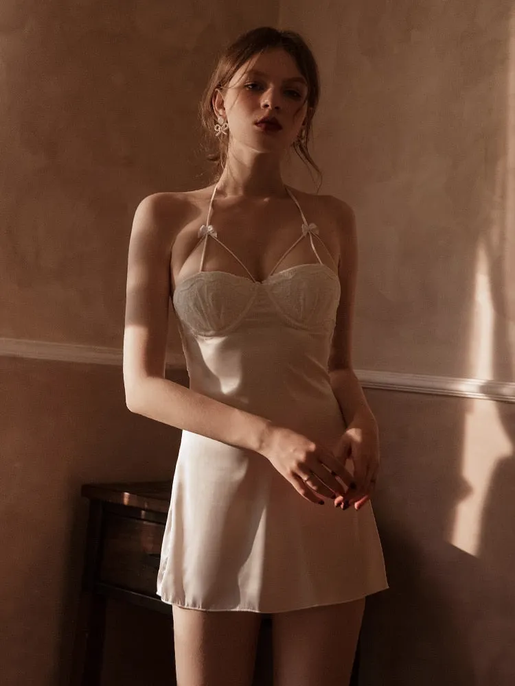 Summer Womens Sleepwear Cutout Lace V-Neck Nightdress with Chest Pad Back Slit Silky Pajamas Comfortable Bifurcation Nightwear