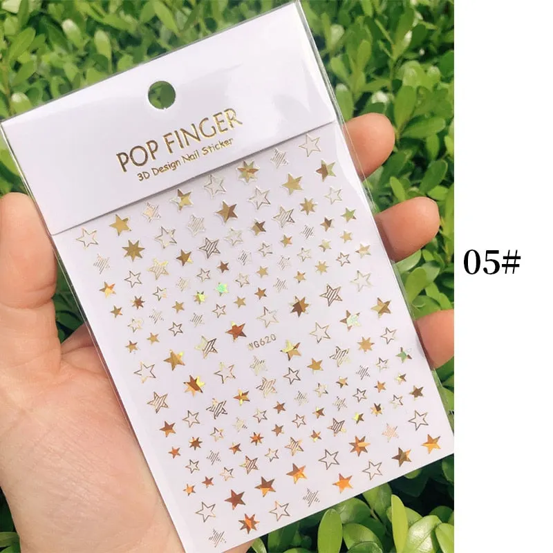 Star Nail Art 3D Stickers Black White Gold Love Hearts Pattern Nail Decals Manicures Nails Design Adhesive Wraps Tip Decoration