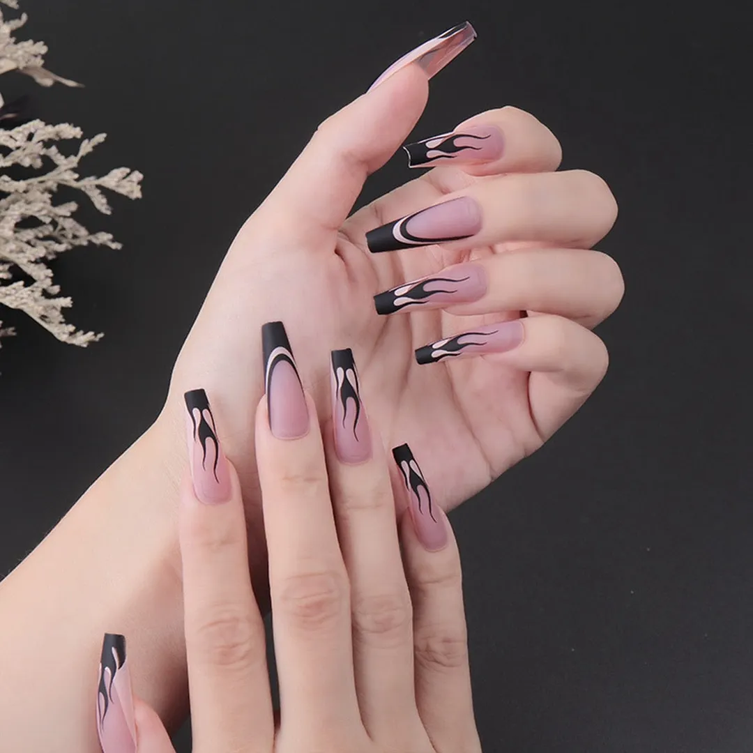 24pcs Black French False Nails Extra Long Fire Pattern Coffin Fake Nails with Glue Fingernail DIY Faux Ballerina Nail Art Tips