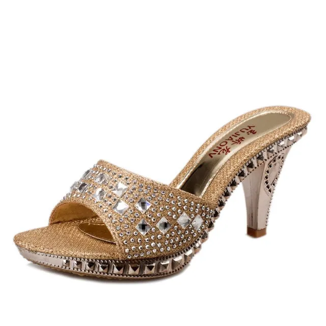 Women Platform High Heels Slippers Bowknot Design Glitter Bling Wedges Sandals Sexy Peep Toe Women Nightclub Party Wedding Shoes