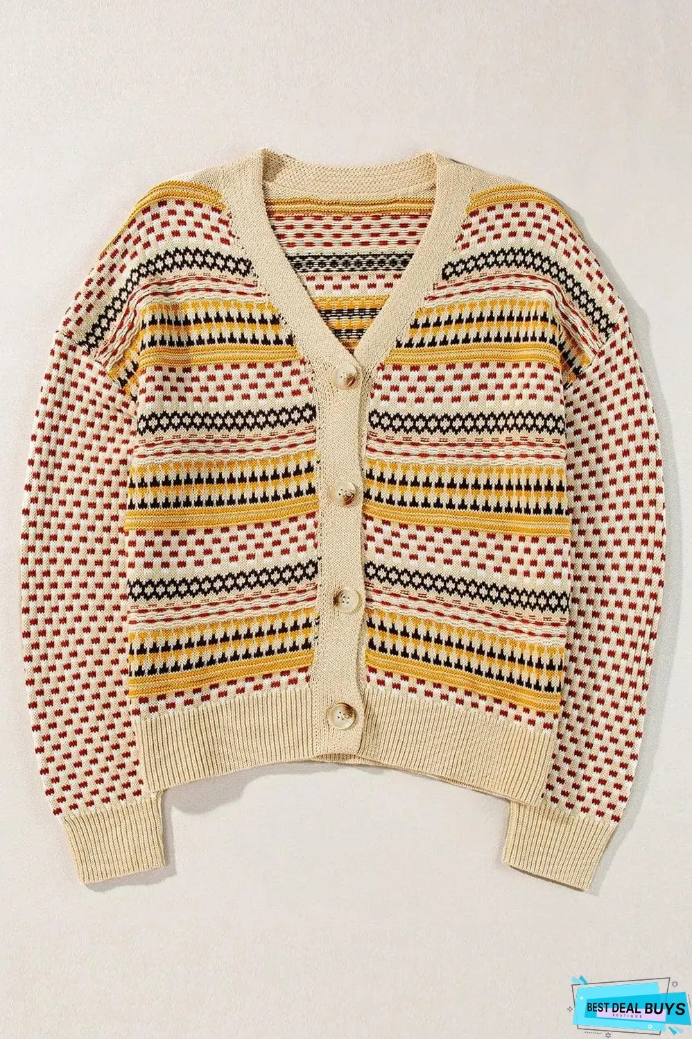 Khaki Buttoned V Neck Cropped Cardigan