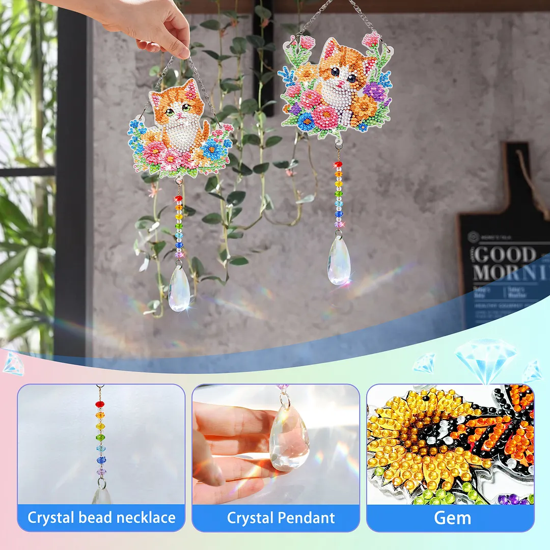2Pcs Flower Kitten DIY Acrylic Diamond Painting Art Wind Chimes with Crystal Pendant Diamond Art Hanging Pendant Double-Sided for Adults Beginners Gift Home Garden Decor