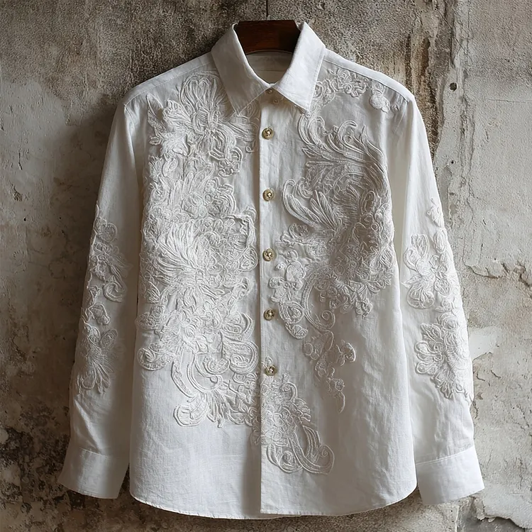 Men's Floral Lace Embroidered Cozy Linen Blouse
