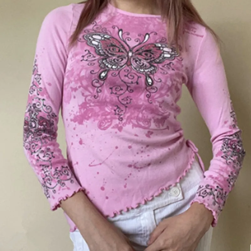 Xingqing Fairy Grunge Heart Wings Print Top Graphic Tee Vintage Cyber Y2k Aesthetic Clothes Brown Long Sleeve T Shirts