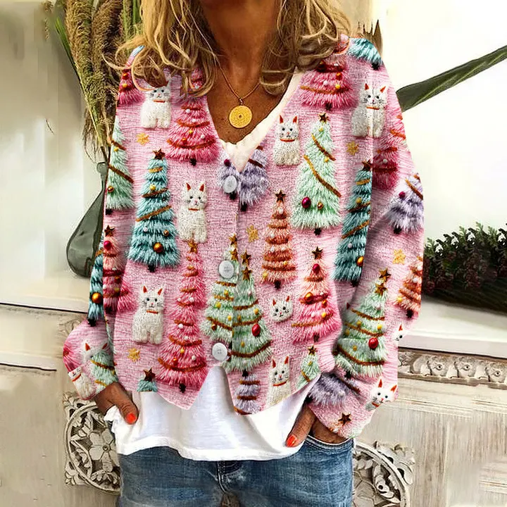 Christmas Tree Cute Cat 3D Print V-Neck Knitted Sweater Cardigan