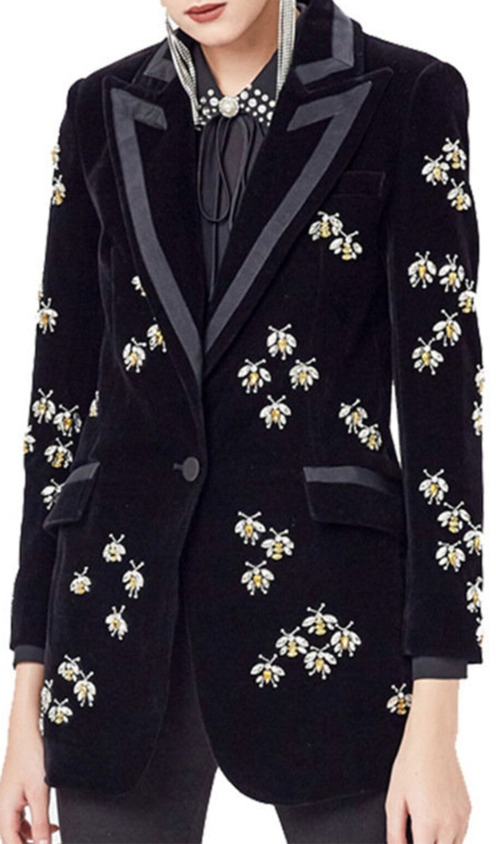 Fashionslee WomenBlack Velvet Blazer Jacket With Rhinestone Bees