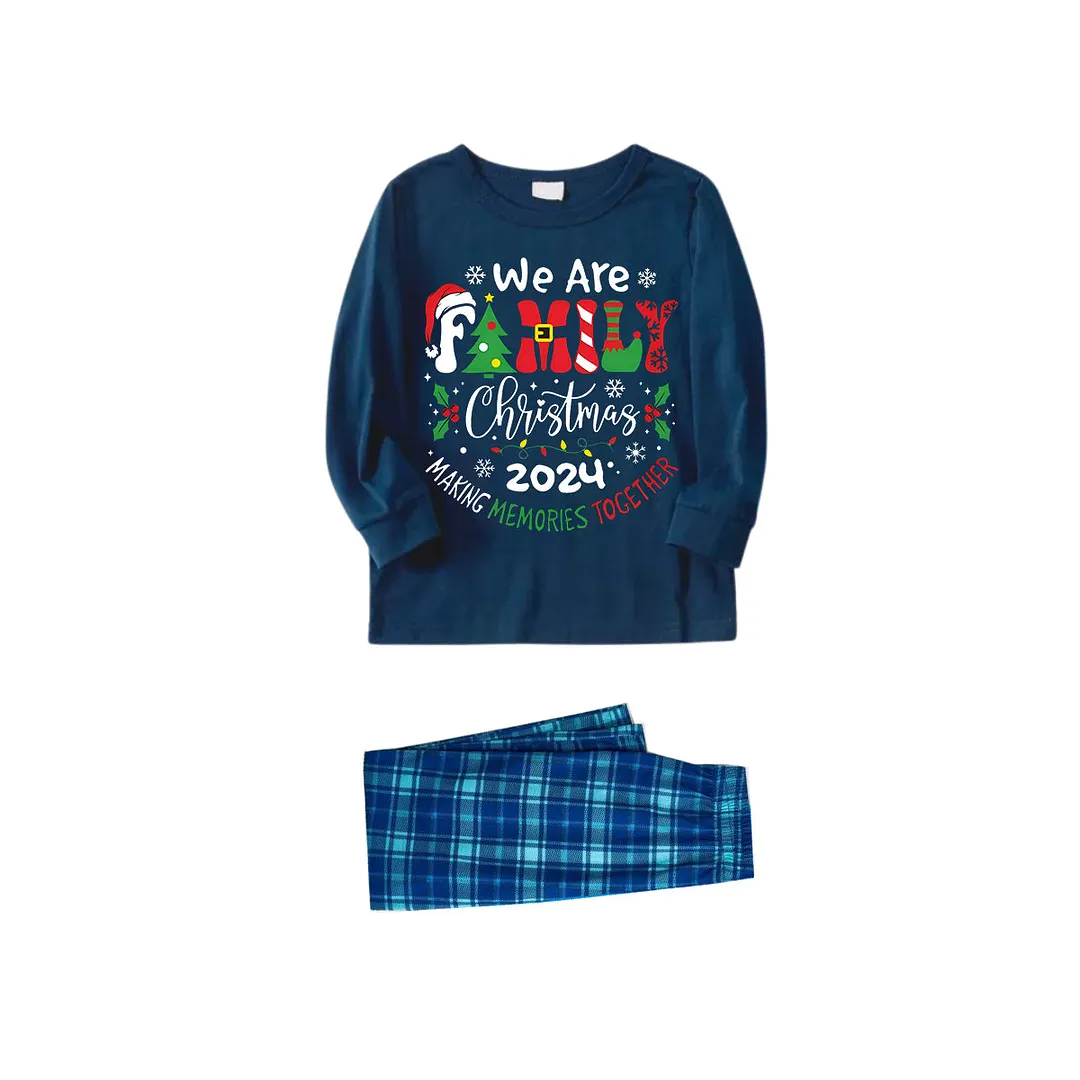 "We are Family" 2024 Christmas Wreath - Blue Long Sleeve Top With Blue Plaid Family Matching Pajamas