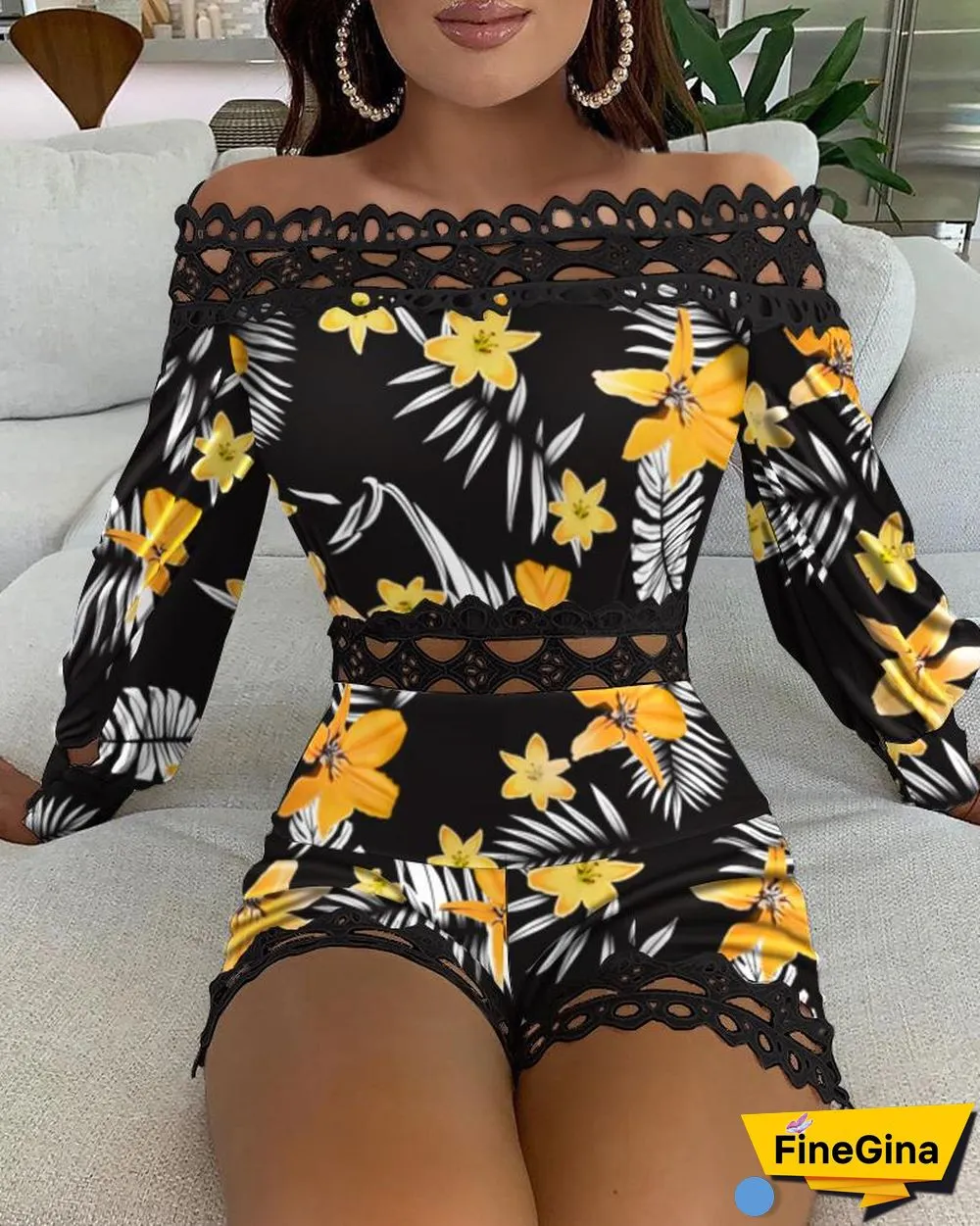 Floral Print Straight Across Patchwork Hem Romper