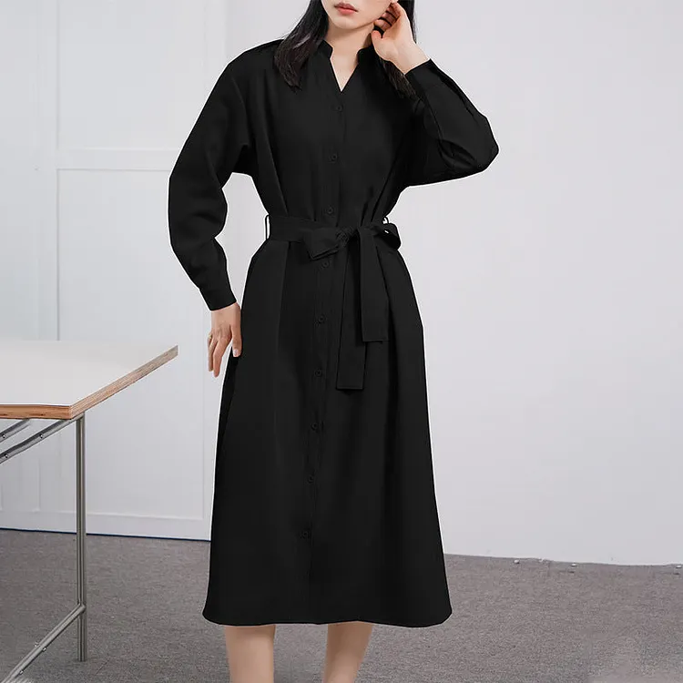 Work Dresses for Teachers Long Sleeve Loose Dress Long Skirt Women's Belt