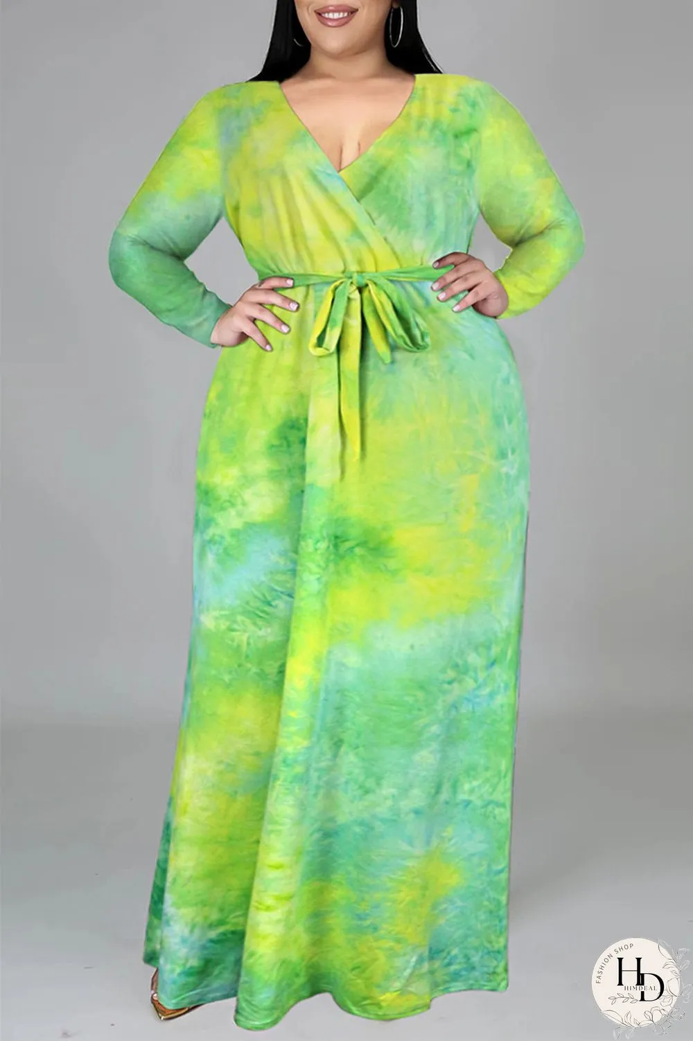 Colour Fashion Casual Print Tie-dye V Neck Long Sleeve Plus Size Dress