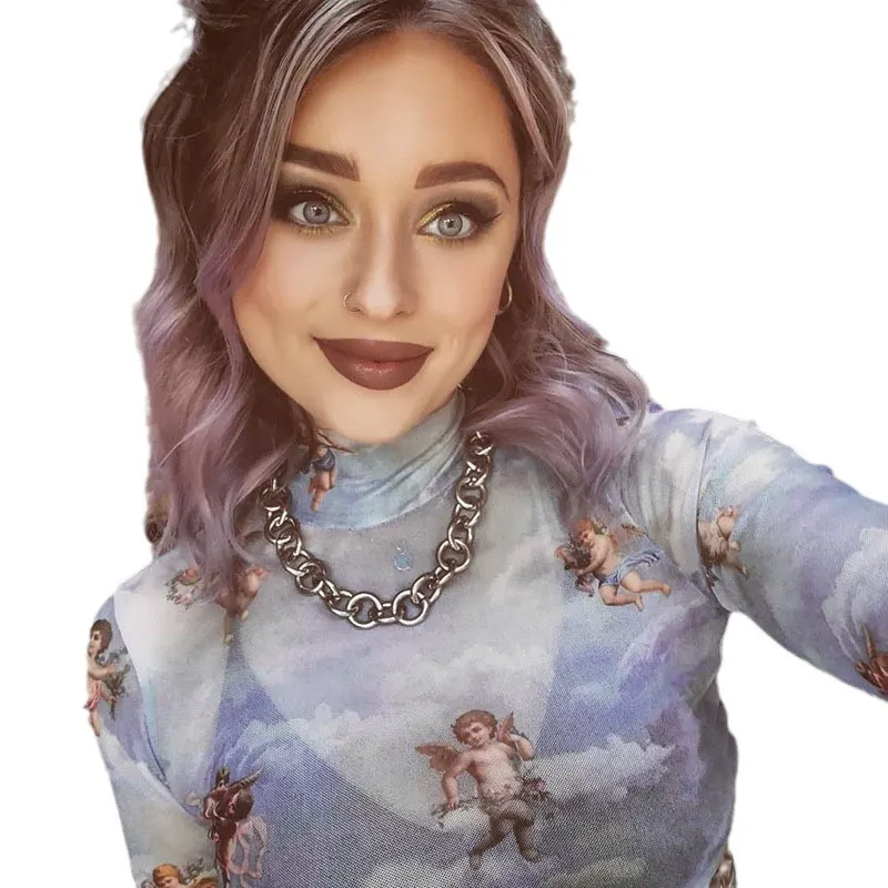 Churchf Churchf Sleeve Cupid Print T-Shirt Girl Autumn Burst Half High Collar Mesh Crop Street Top Girl