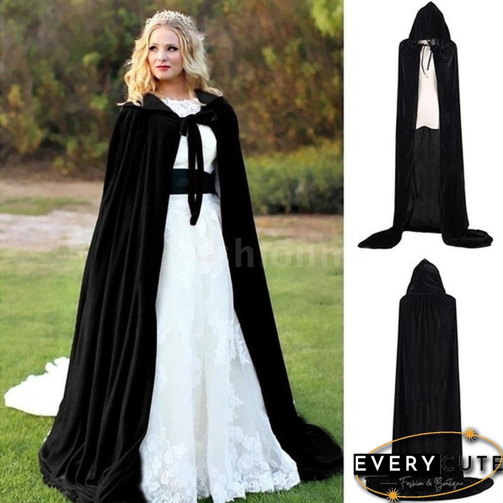 Adult Hooded Cloak Long Velvet Cape Robe Green Black Red Halloween Carnival Purim Coats Medieval Witch Wicca Vampire Costume