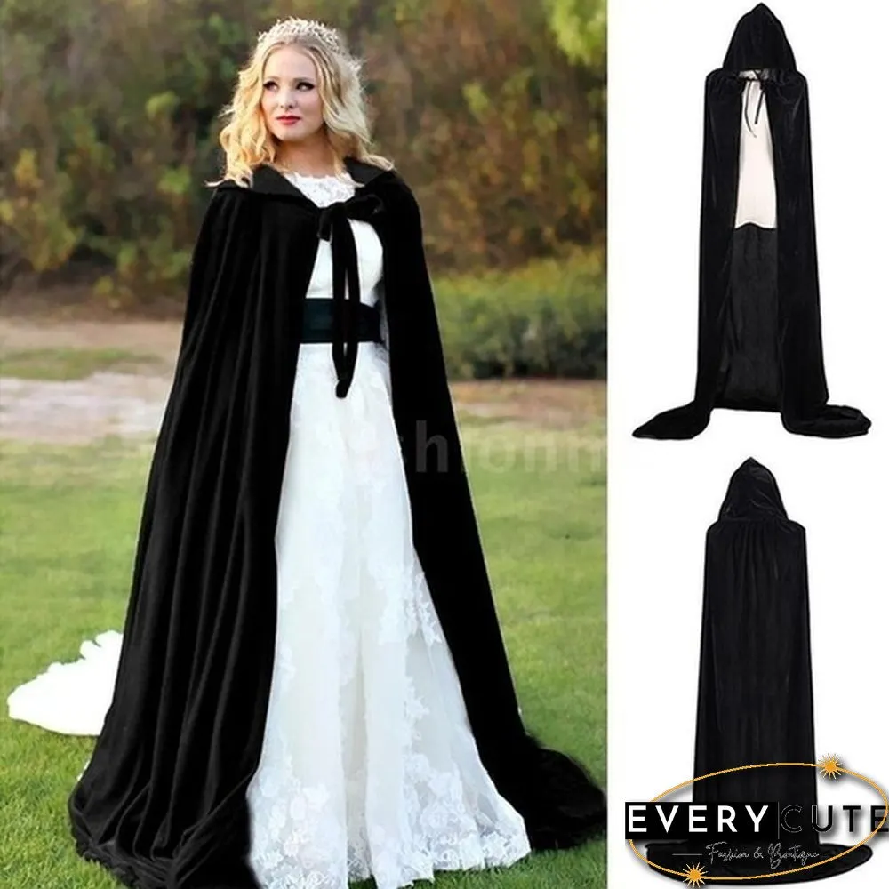 Adult Hooded Cloak Long Velvet Cape Robe Green Black Red Halloween Carnival Purim Coats Medieval Witch Wicca Vampire Costume