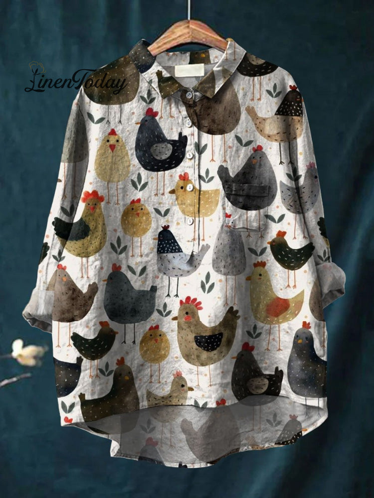 Women&rsquo;s Chicken Art Print Casual Cotton And Linen Shirt Multicolor / S