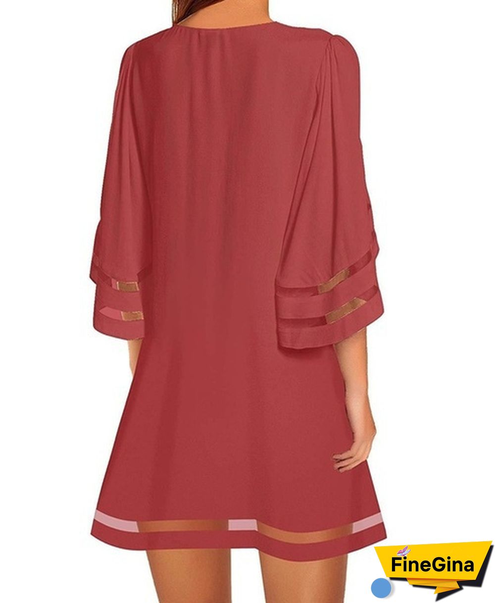 NEW summer Womens Short Sleeves Round Neck Flared Sleeves Casual Dresses Solid Color Patchwork Hollow-out Loose Mini Dresses Short Dresses Plus Size