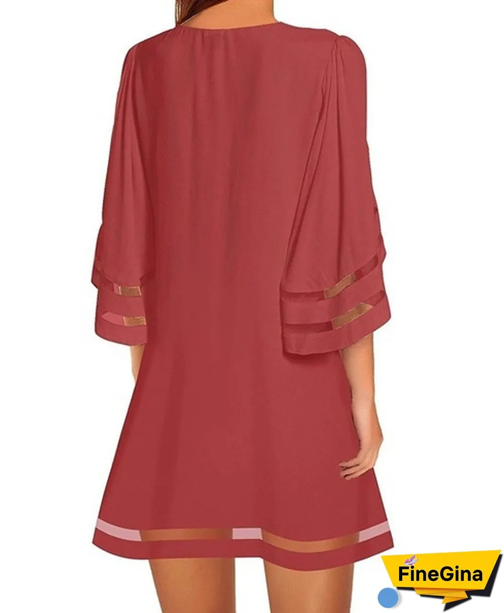 NEW summer Womens Short Sleeves Round Neck Flared Sleeves Casual Dresses Solid Color Patchwork Hollow-out Loose Mini Dresses Short Dresses Plus Size