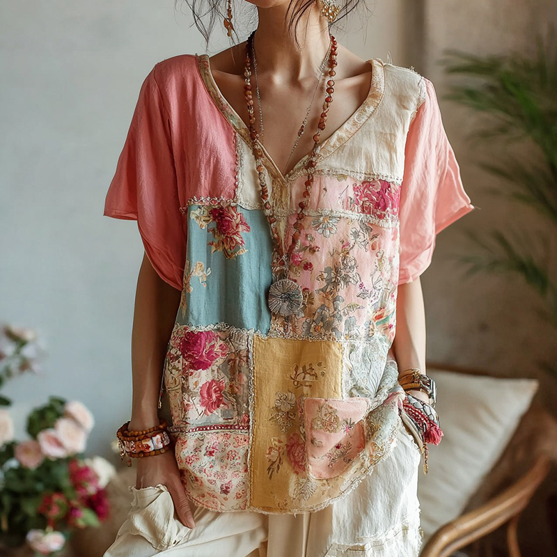 Women's Bohemian Patchwork Floral V-neck T-shirt elevenforest