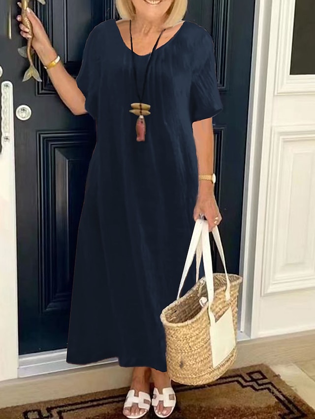 Plus Size V-neck Cotton and Linen Loose Casual Solid Color Pocket Dress