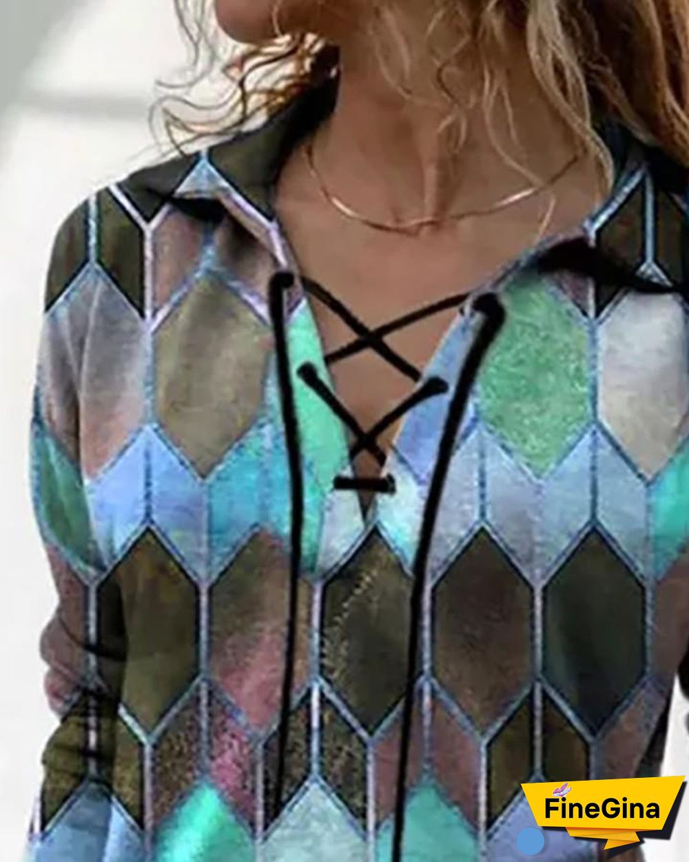 Geo Print Colorblock Lace Up T-shirt P12095