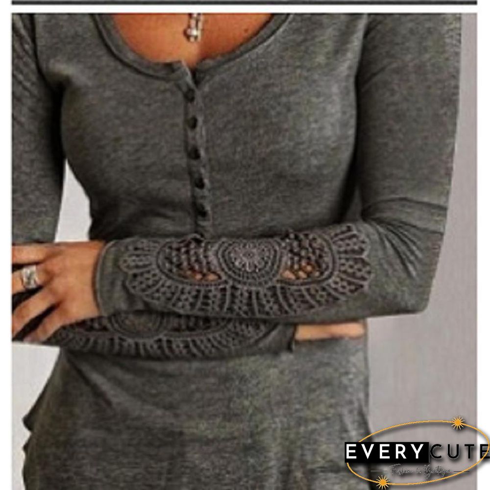 Round Neck Plain Slim Hollow Long Sleeve Top