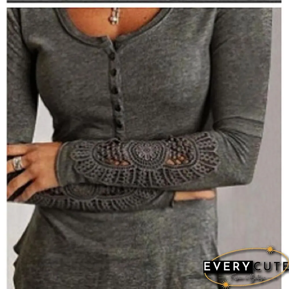 Round Neck Plain Slim Hollow Long Sleeve Top