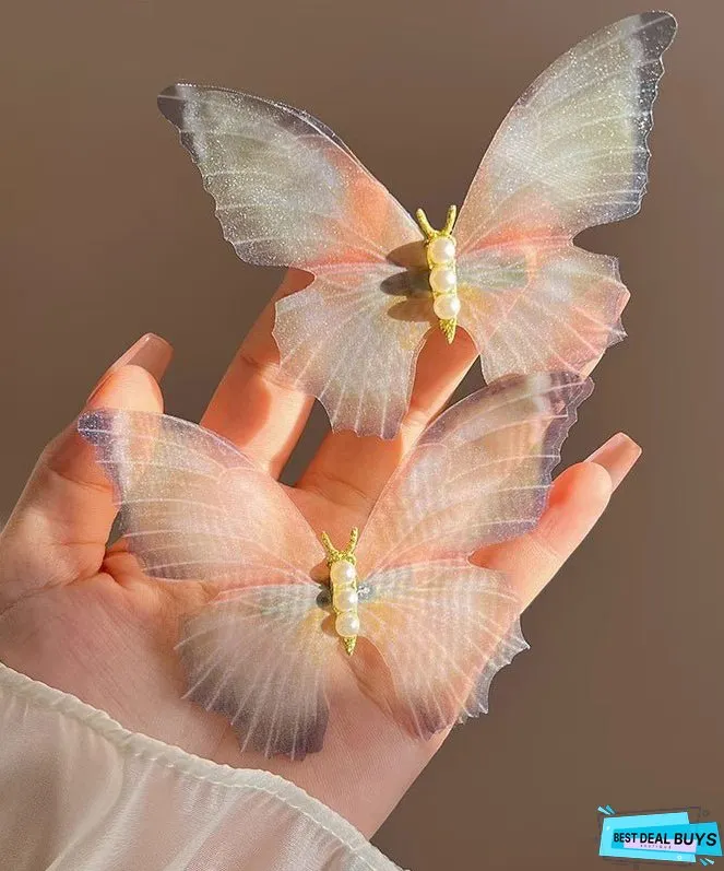 Style Blue Sterling Silver Overgild Pearl Tulle Butterfly Hairpin
