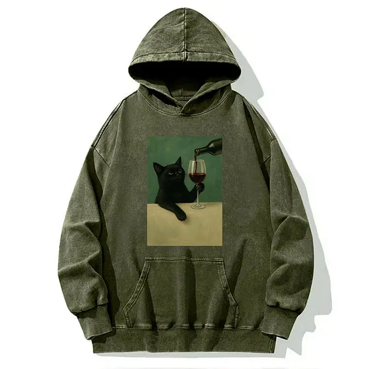 Tokyover Black Cat With Wine Glass Washed Unisex Hoodie