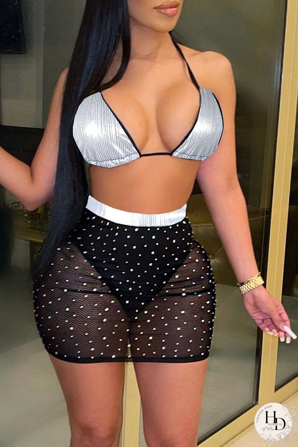 Black Sexy Solid Sequins Mesh Halter Sleeveless Two Pieces